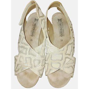 MEPHISTO 39/8.5M Beige Snakeskin Leather Open Toe Criss Cross Wedge Sandals